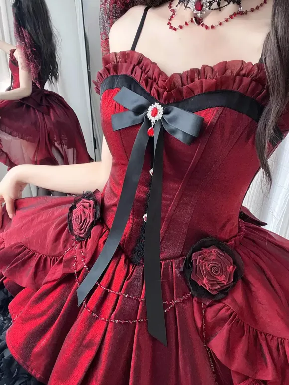 Red Gothic Lolita Dresses Spaghetti Bows Rose Short Lolita Dress With Train