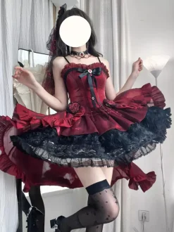 Red Gothic Lolita Dresses Spaghetti Bows Rose Short Lolita Dress With Train