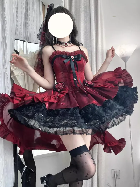 Red Gothic Lolita Dresses Spaghetti Bows Rose Short Lolita Dress With Train