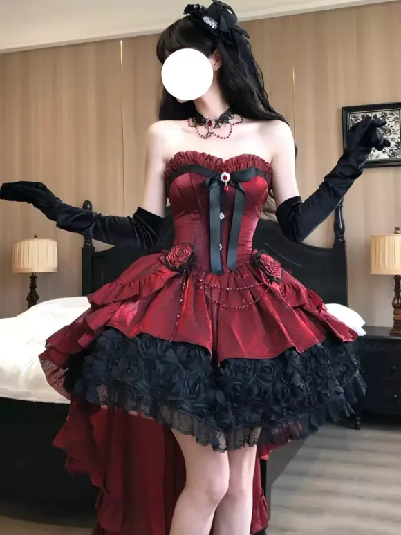 Red Gothic Lolita Dresses Spaghetti Bows Rose Short Lolita Dress With Train