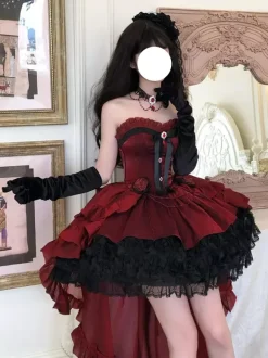 Red Gothic Lolita Dresses Spaghetti Bows Rose Short Lolita Dress With Train