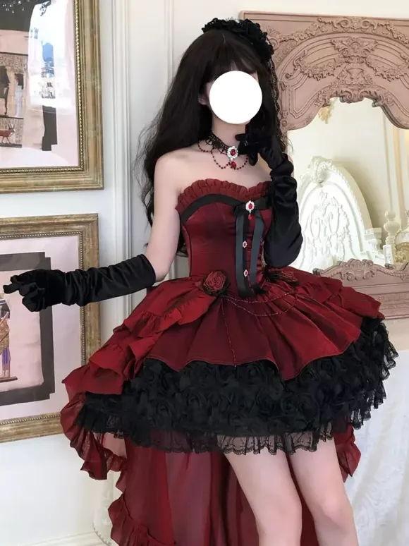 Red Gothic Lolita Dresses Spaghetti Bows Rose Short Lolita Dress With Train