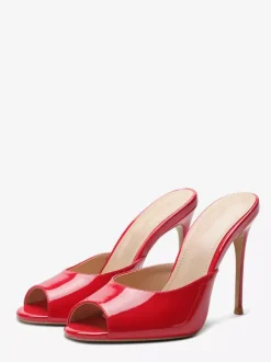 Red High Heel Mules Peep Toe Stiletto Heel Sandal Slippers