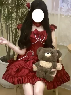 Red Hime Lolita Dress Sweet Back Lace Bandage Ruffles Bow Short Lolita Dresses