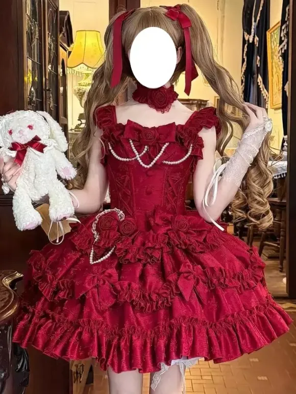 Red Hime Lolita Dress Sweet Back Lace Bandage Ruffles Bow Short Lolita Dresses