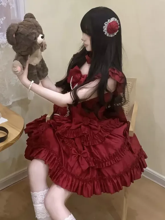 Red Hime Lolita Dress Sweet Back Lace Bandage Ruffles Bow Short Lolita Dresses