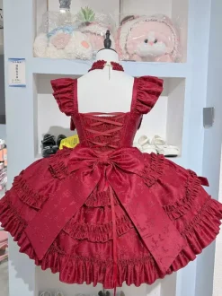 Red Hime Lolita Dress Sweet Back Lace Bandage Ruffles Bow Short Lolita Dresses