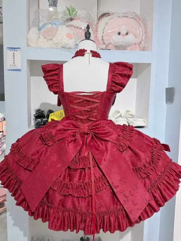 Red Hime Lolita Dress Sweet Back Lace Bandage Ruffles Bow Short Lolita Dresses
