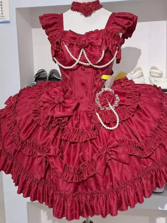 Red Hime Lolita Dress Sweet Back Lace Bandage Ruffles Bow Short Lolita Dresses