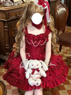 Red Hime Lolita Dress Sweet Back Lace Bandage Ruffles Bow Short Lolita Dresses