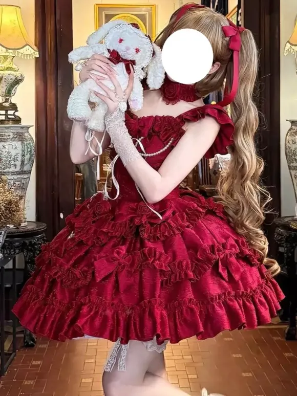 Red Hime Lolita Dress Sweet Back Lace Bandage Ruffles Bow Short Lolita Dresses
