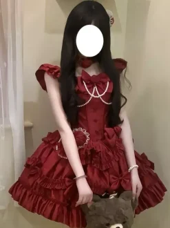 Red Hime Lolita Dress Sweet Back Lace Bandage Ruffles Bow Short Lolita Dresses