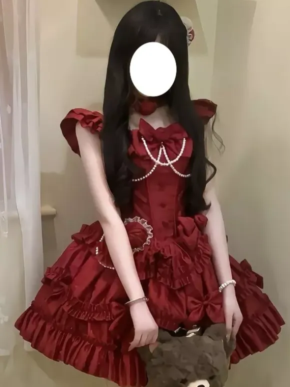 Red Hime Lolita Dress Sweet Back Lace Bandage Ruffles Bow Short Lolita Dresses
