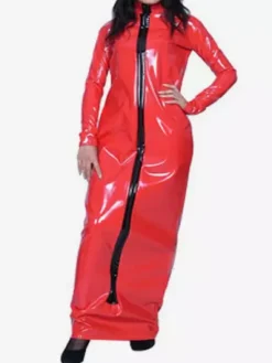 Red Long Sleeves Front Split PVC Shiny Metallic Fabric Front zip Maxi Dress