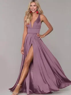 Red Prom Dresses With Slit Evening Dress 2026 A-Line V-Neck Sleeveless Split Front Formal Dresses Wedding Guest Dresses Free Customization
