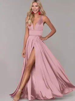 Red Prom Dresses With Slit Evening Dress 2026 A-Line V-Neck Sleeveless Split Front Formal Dresses Wedding Guest Dresses Free Customization