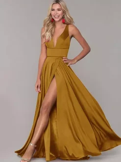 Red Prom Dresses With Slit Evening Dress 2026 A-Line V-Neck Sleeveless Split Front Formal Dresses Wedding Guest Dresses Free Customization