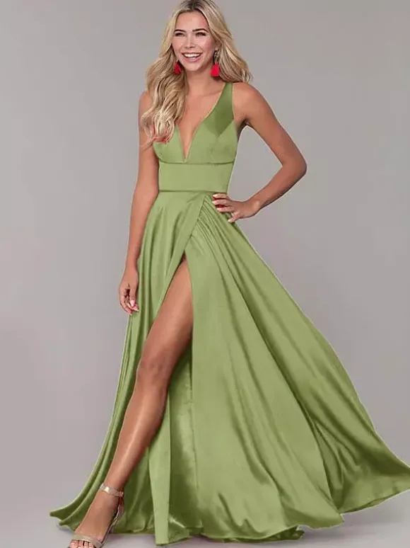 Red Prom Dresses With Slit Evening Dress 2026 A-Line V-Neck Sleeveless Split Front Formal Dresses Wedding Guest Dresses Free Customization