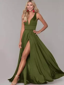 Red Prom Dresses With Slit Evening Dress 2026 A-Line V-Neck Sleeveless Split Front Formal Dresses Wedding Guest Dresses Free Customization