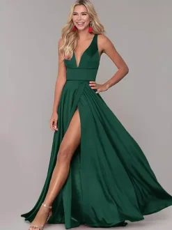 Red Prom Dresses With Slit Evening Dress 2026 A-Line V-Neck Sleeveless Split Front Formal Dresses Wedding Guest Dresses Free Customization