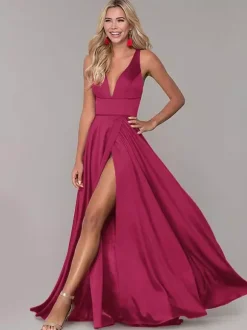 Red Prom Dresses With Slit Evening Dress 2026 A-Line V-Neck Sleeveless Split Front Formal Dresses Wedding Guest Dresses Free Customization