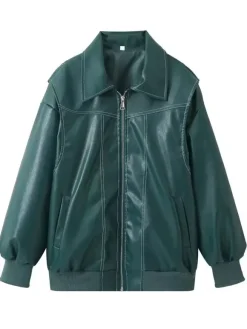 Red PU Leather Jacket Collared Long Sleeves Zipper Daily Casual Jackets