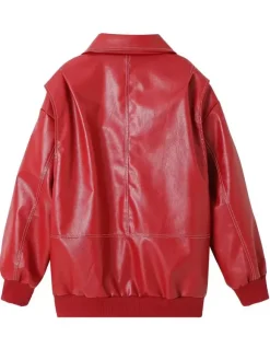 Red PU Leather Jacket Collared Long Sleeves Zipper Daily Casual Jackets