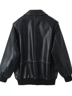 Red PU Leather Jacket Collared Long Sleeves Zipper Daily Casual Jackets
