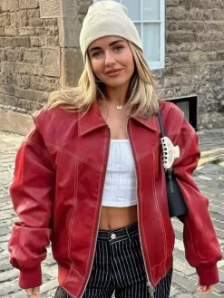 Red PU Leather Jacket Collared Long Sleeves Zipper Daily Casual Jackets