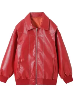 Red PU Leather Jacket Collared Long Sleeves Zipper Daily Casual Jackets