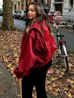 Red PU Leather Jacket Collared Long Sleeves Zipper Daily Casual Jackets
