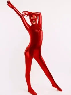 Red Shiny Metallic Catsuit with Mouth and Eyes Opened