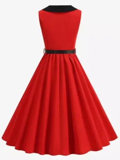 Red Sleeveless Peter Pan Collar A Line Maxi Dress For Women Vintage Chic