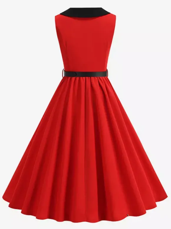 Red Sleeveless Peter Pan Collar A Line Maxi Dress For Women Vintage Chic