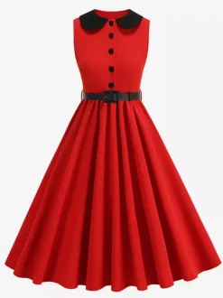 Red Sleeveless Peter Pan Collar A Line Maxi Dress For Women Vintage Chic