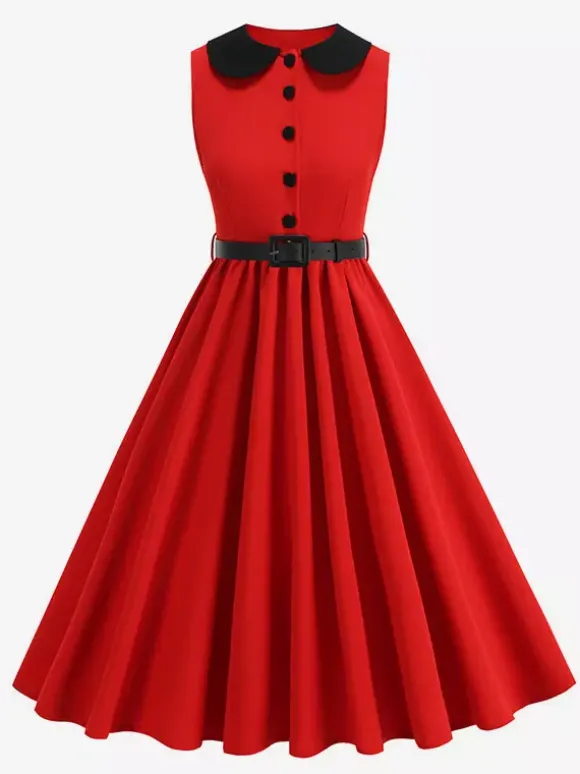 Red Sleeveless Peter Pan Collar A Line Maxi Dress For Women Vintage Chic