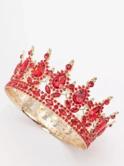 Red Vintage Crown Tiaras Elegant Alloy Crystal Headwear Accessories