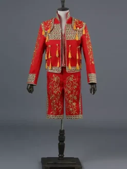 Red Vintage Set Vintage Embroidered Fringe Long Sleeves Polyester Pants Retro Costumes For Man