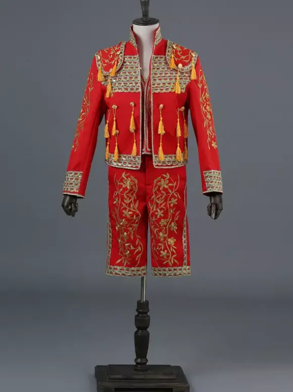 Red Vintage Set Vintage Embroidered Fringe Long Sleeves Polyester Pants Retro Costumes For Man