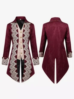 Red Vintage Top Renaissance Floral Print Long Sleeves Polyester Polyester Fiber Overcoat Retro Costumes For Man Burgundy