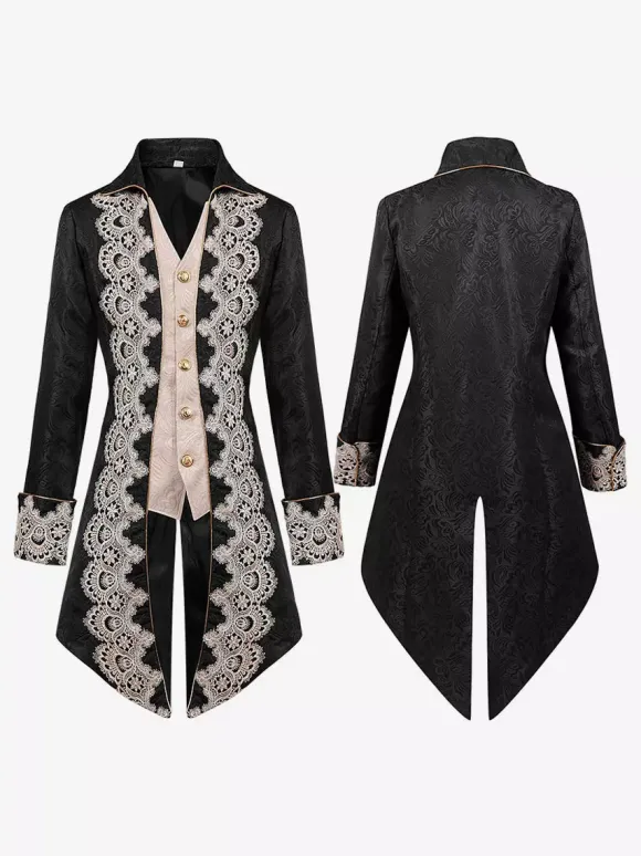 Red Vintage Top Renaissance Floral Print Long Sleeves Polyester Polyester Fiber Overcoat Retro Costumes For Man Burgundy
