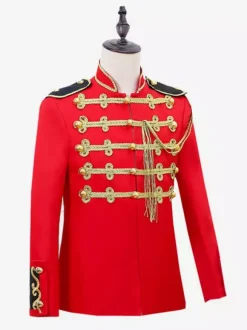 Red Vintage Top Retro Fringe Buttons Color Block Long Sleeves Polyester Overcoat Retro Costumes For Man
