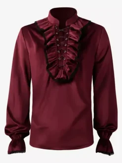 Red Vintage Top Retro Ruffles Grommets Long Sleeves Polyester Polyester Fiber Shirt Retro Costumes For Man Burgundy