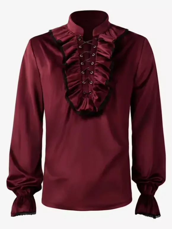 Red Vintage Top Retro Ruffles Grommets Long Sleeves Polyester Polyester Fiber Shirt Retro Costumes For Man Burgundy