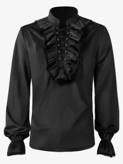 Red Vintage Top Retro Ruffles Grommets Long Sleeves Polyester Polyester Fiber Shirt Retro Costumes For Man Burgundy