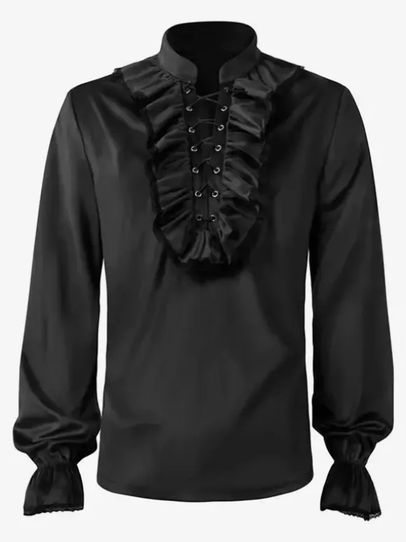 Red Vintage Top Retro Ruffles Grommets Long Sleeves Polyester Polyester Fiber Shirt Retro Costumes For Man Burgundy