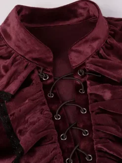 Red Vintage Top Retro Ruffles Grommets Long Sleeves Polyester Polyester Fiber Shirt Retro Costumes For Man Burgundy