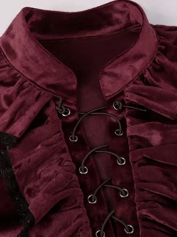Red Vintage Top Retro Ruffles Grommets Long Sleeves Polyester Polyester Fiber Shirt Retro Costumes For Man Burgundy