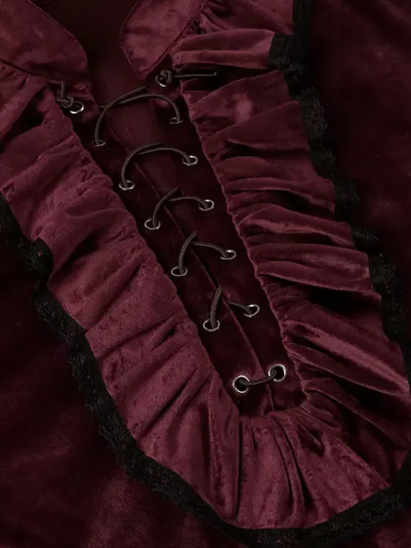 Red Vintage Top Retro Ruffles Grommets Long Sleeves Polyester Polyester Fiber Shirt Retro Costumes For Man Burgundy