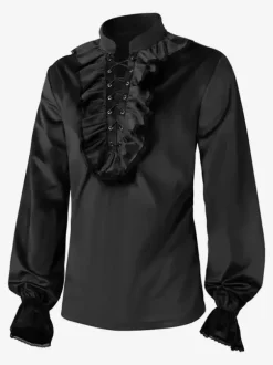 Red Vintage Top Retro Ruffles Grommets Long Sleeves Polyester Polyester Fiber Shirt Retro Costumes For Man Burgundy